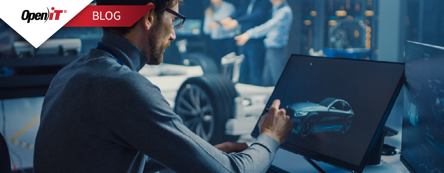 un ingénieur automobile utilise un écran tactile pour créer un modèle de voiture en 3D dans un atelier de haute technologie. la société open it présente ses solutions de conformité des licences logicielles pour l'industrie automobile, garantissant une gestion efficace et une optimisation des logiciels de conception technique.