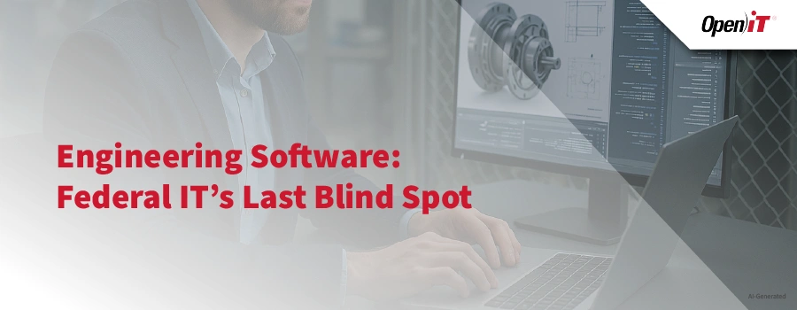 a professional engineer working on a laptop and desktop, reviewing designs and software dashboards. represents open it’s license inventory and automated license software solutions for managing and optimizing engineering applications in federal it environments.