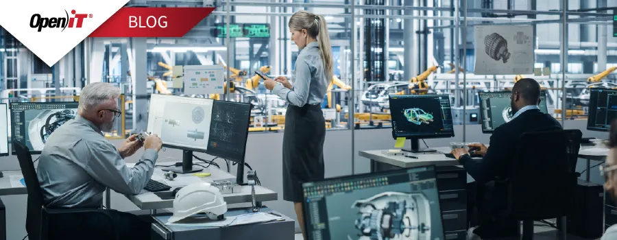 ingénieurs dans un laboratoire de conception automobile de haute technologie travaillant sur le logiciel siemens nx, analysant des modèles de voiture en 3D et des pièces mécaniques sur plusieurs écrans, avec des bras robotisés visibles à l'arrière-plan ; les solutions open it soutiennent la productivité de l'ingénierie et l'efficacité des licences.