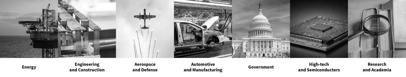 A horizontal collage of seven black-and-white photographs representing different industries. From left to right: an offshore oil rig (Energy), structural steel beams (Engineering and Construction), a military jet aircraft mid-flight (Aerospace and Defense), a car on an assembly line (Automotive and Manufacturing), the U.S. Capitol building (Government), a close-up of a circuit board and microchip (High-tech and Semiconductors), and a magnifying glass over an open book (Research and Academia). Each image is captioned with its industry name in bold text below.