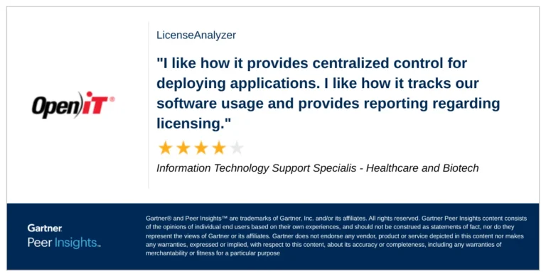 software asset management 2026 Gartner Peer Insights rating showing LicenseAnalyzer with 4.4 overall user rating, highlighting user feedback and software asset management performance