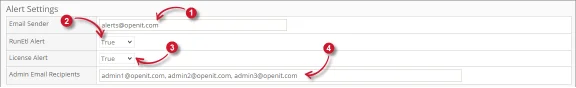 Alert section of the Email Settings page with Email Sender, RunEtl Alert, License Alert, and Admin Email Recipients fields