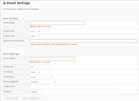 Open iT Analysis Server Email Settings page showing the Alert and SMTP configuration sections