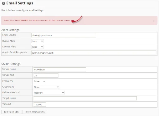 Email Settings page showing an error notification when the Send Mail test fails