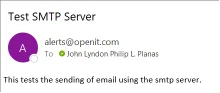 Inbox showing the test email received from Open iT Analysis Server after a successful Test Send Mail