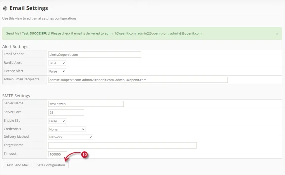 Email Settings page showing the Test Send Mail validation message after testing the configuration