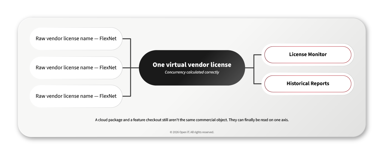 Diagram showing three raw FlexNet vendor license names combined into one virtual vendor license feeding License Monitor and historical reports