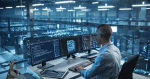 IT professional monitoring code and network security data on multiple screens in a data center server room
