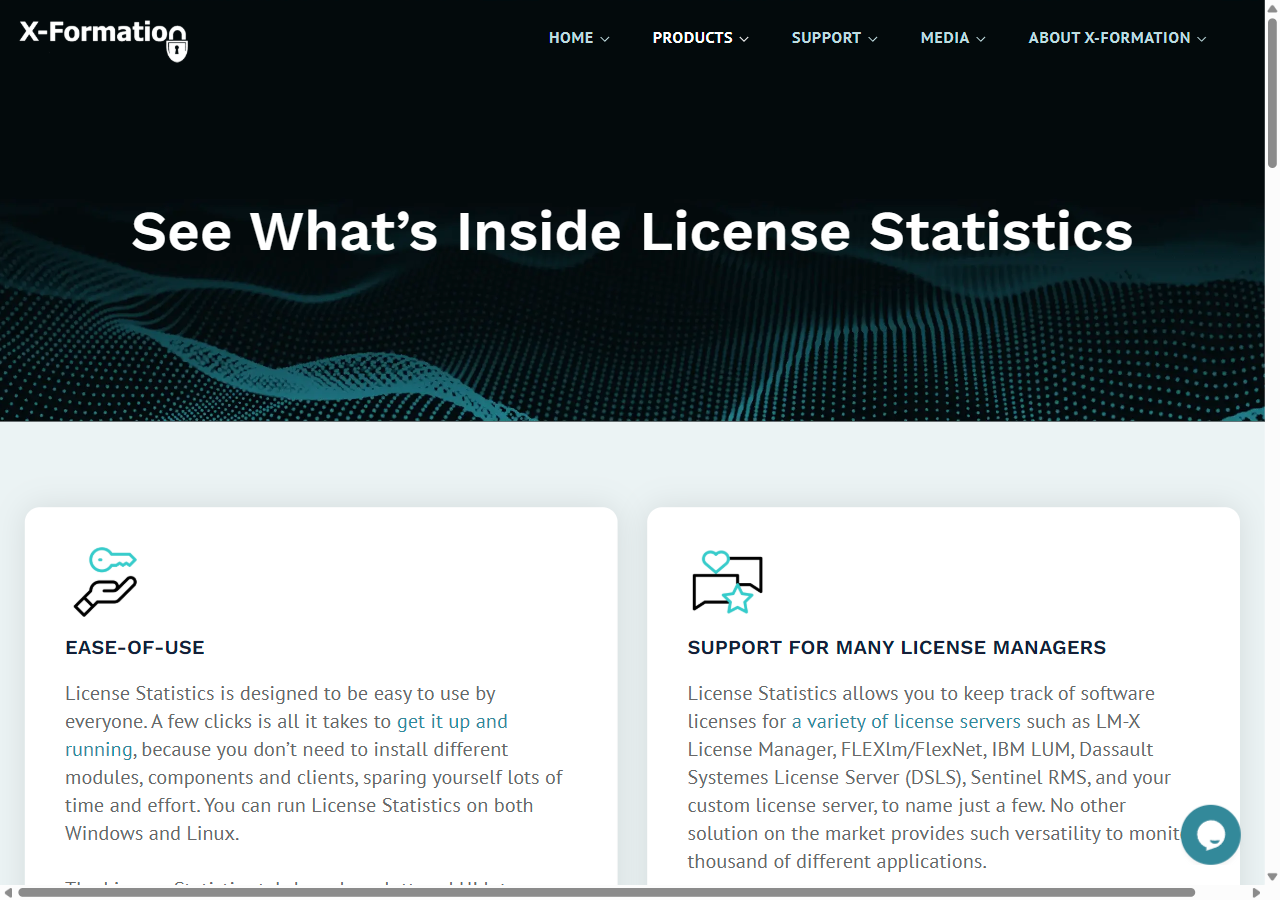 X-Formation License Statistics features page screenshot