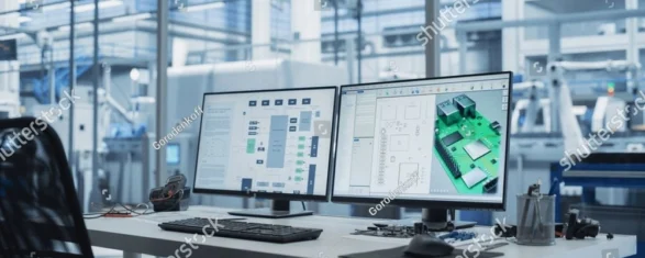 Empty engineering workstation with 3D CAD software open on two monitors in a modern factory office
