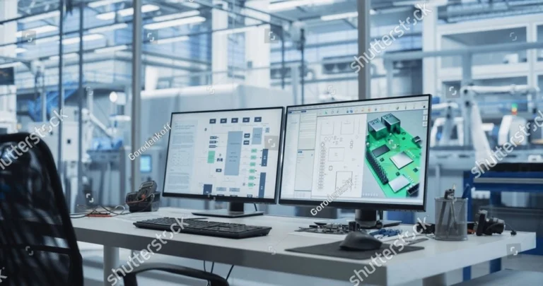 Empty engineering workstation with 3D CAD software open on two monitors in a modern factory office